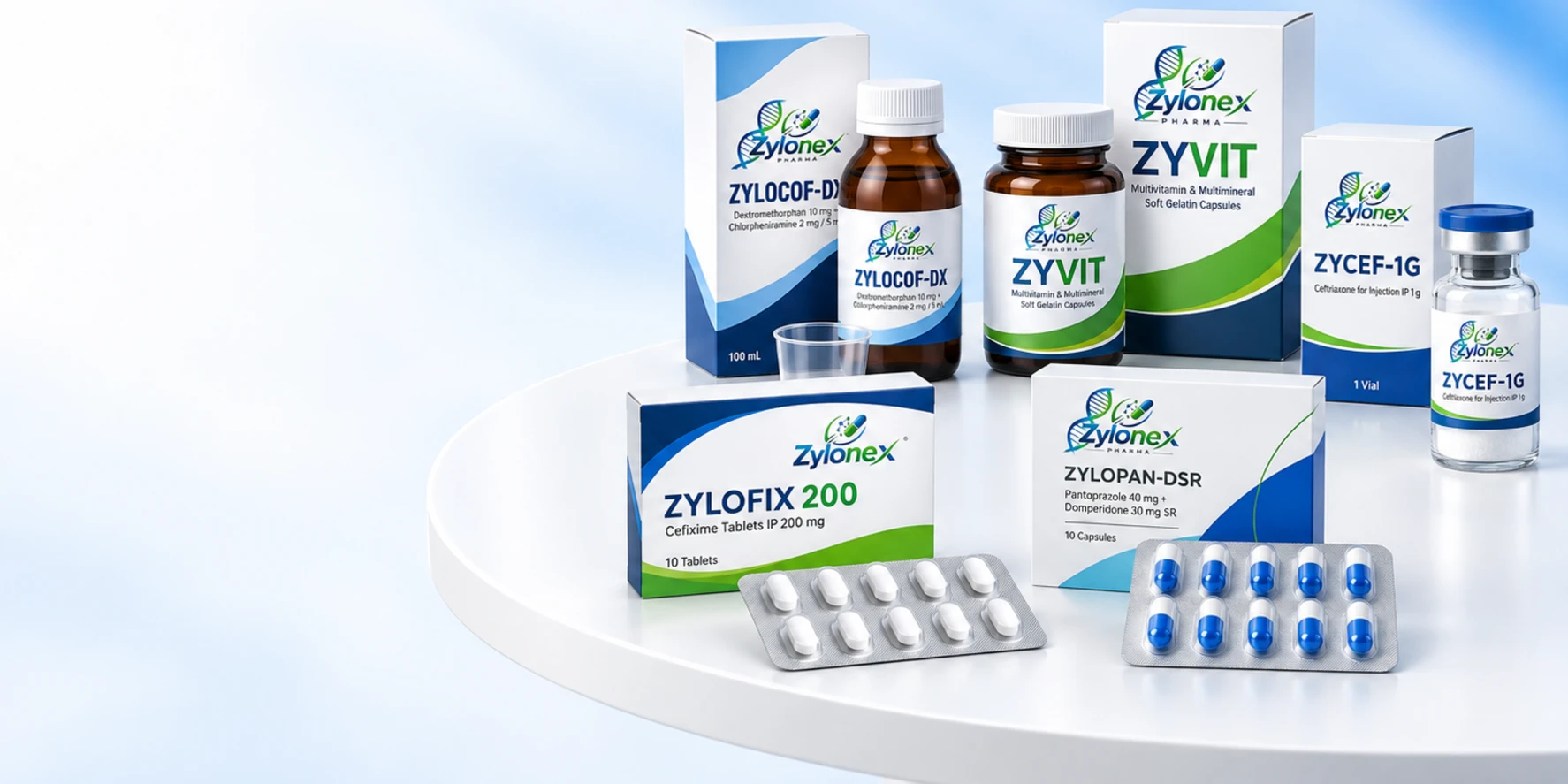 Zylonex product packs, bottles, tablets and capsules arranged on a white studio table