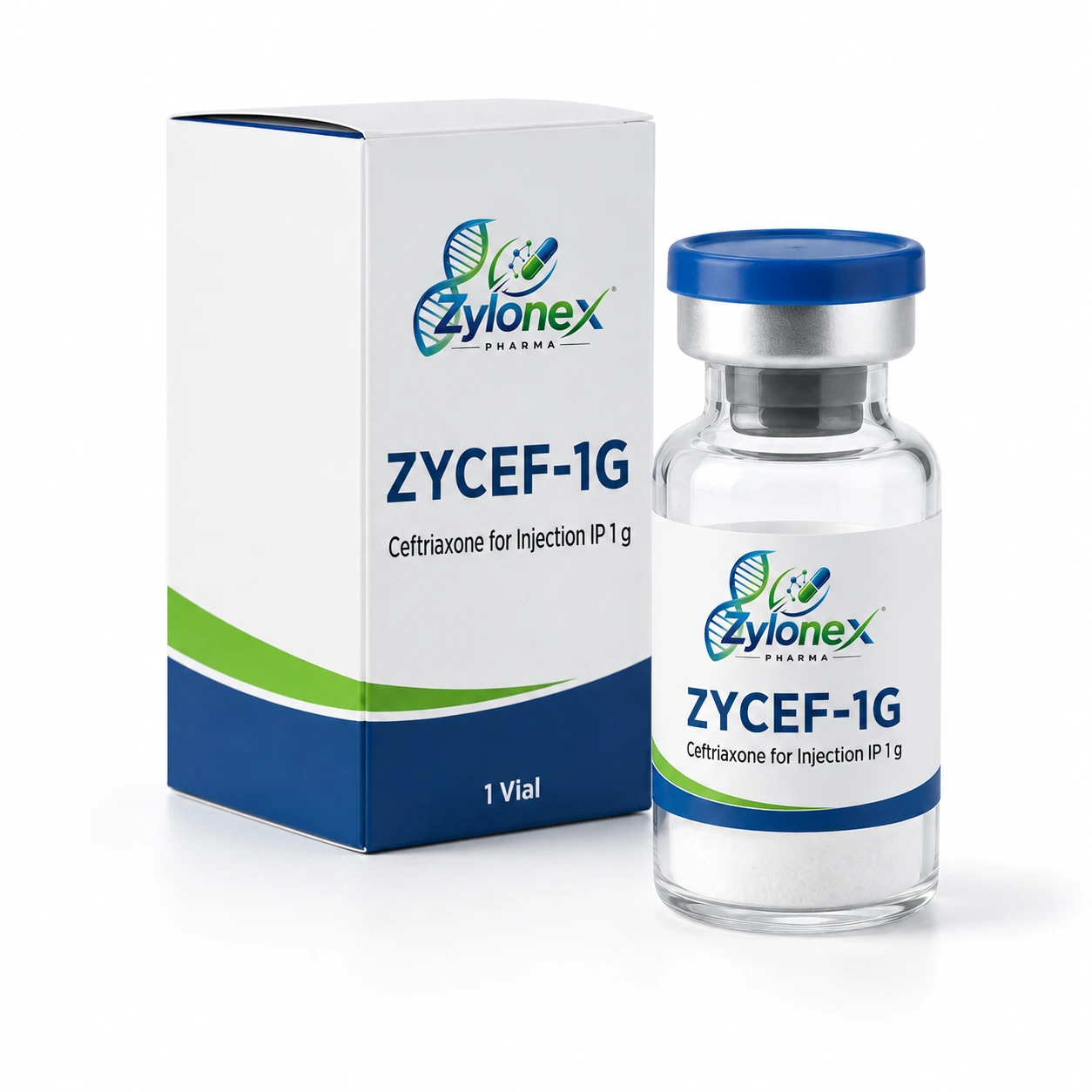 Catalogue packshot of ZYCEF-1G — Ceftriaxone for Injection IP 1 g