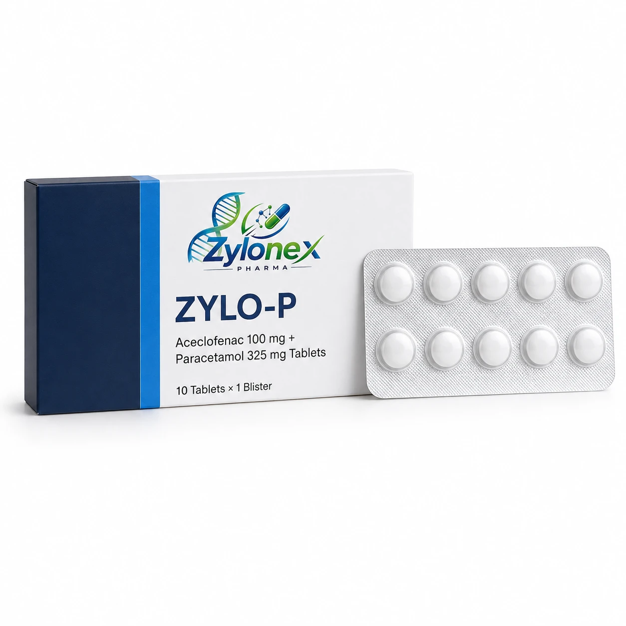 Catalogue packshot of ZYLO-P — Aceclofenac 100 mg + Paracetamol 325 mg Tablets