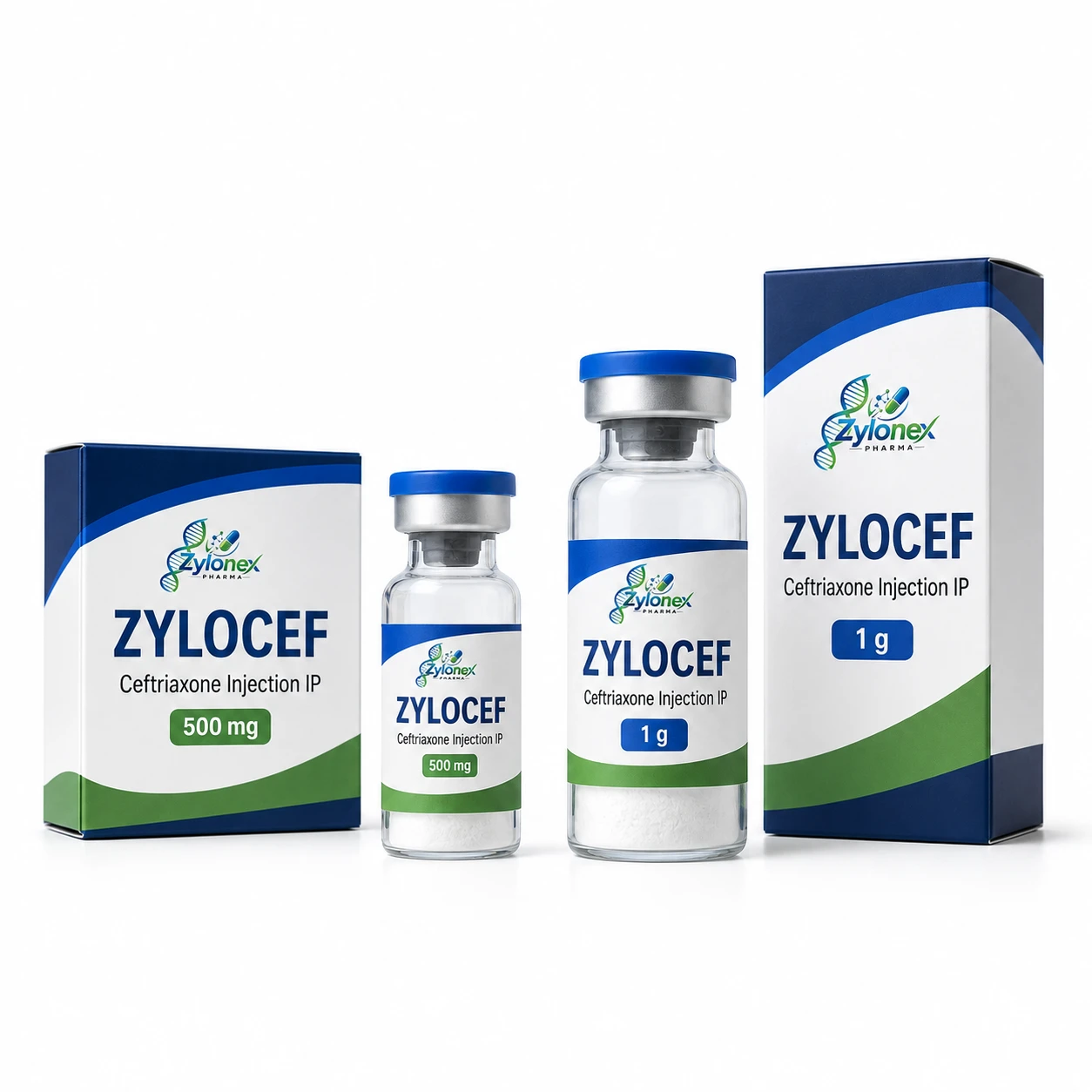 Catalogue packshot of ZYLOCEF — Ceftriaxone Injection IP — 500 mg & 1 g